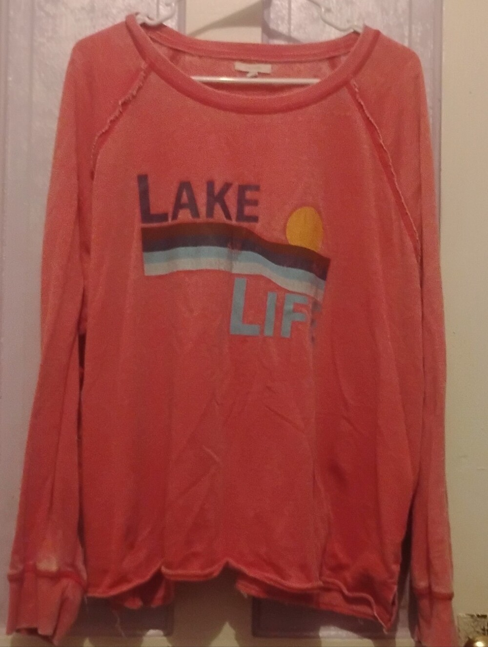 Lake Life Graphic Sweatshirt – Coral with Multicolor Print